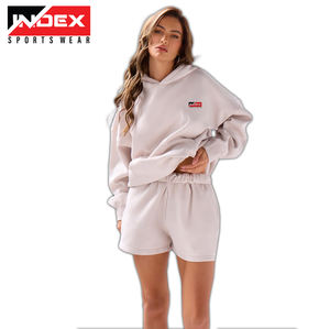 Conjunto de 2 piezas con capucha y pantalones cortos con cremallera rosa de alta calidad | Sudaderas con capucha de mujer con hombros caídos | Traje de chándal de calle - Product Image 2