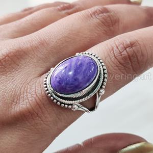 Bague pour femme en argent sterling 925 avec charoïte naturelle, style bohème, cadeau d'anniversaire ou de Noël, bijou tendance - Product Image 4