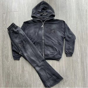 Conjunto de Sudadera con Capucha y Pantalones Deportivos de 2 Piezas, Diseño Ligero con Logotipo Personalizado, Lavado Ácido Desgastado, Estilo Casual de Invierno para Hombre - Product Image 1