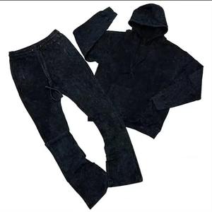 Survêtements d'entraînement pour hommes, très demandés, délavés à l'acide, couleur unie, grammage lourd, respirants, avec patchs personnalisés effet vieilli et coupe évasée - Product Image 5
