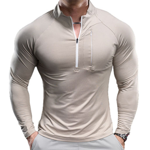 Chemises de sport à manches longues avec demi-zip et logo personnalisé pour hommes, tissu tricoté hautement élastique, séchage rapide, vêtements de musculation, design compressé - Product Image 4