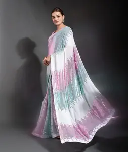 Baju Festival cetak Georgette wanita Nepal pernikahan warna Pastel bunga Saree dengan blus Fashion mewah Saree India biaya rendah