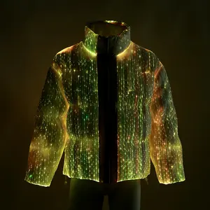 Casaco de fibra óptica LED brilhante, jaqueta com capuz e bolha refletiva quente para homens, moda de atacado, jaqueta de inverno com sopro