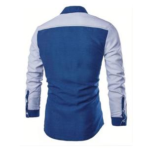 Camisa de vestir de manga larga ajustada para hombre con cuerpo central azul marino contrastado por mangas blancas nítidas y patrón de micropuntos sutiles - Product Image 6