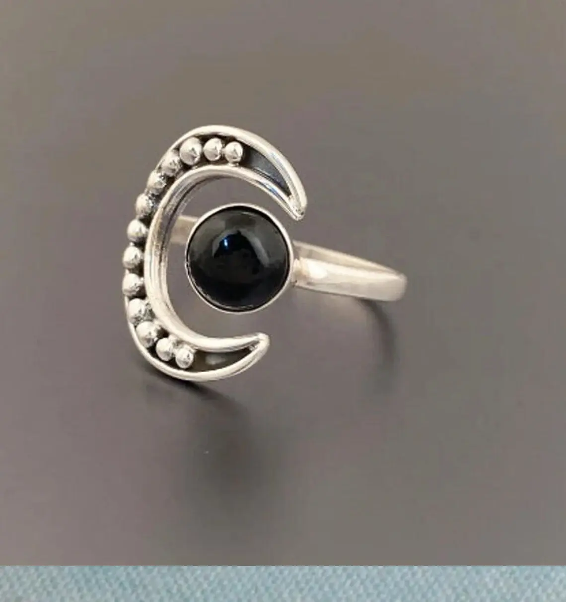 블랙 오닉스 라운드 카보 숑 보석 반지 925 스털링 실버 기념일 선물을 위한 수제 조정 가능한 반지