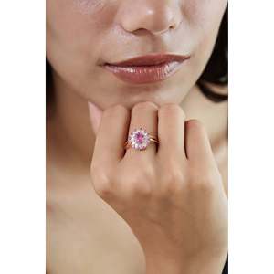 Bague de fiançailles en or 14 carats avec saphir rose naturel taille poire et halo, sertie à griffes, pour femme - Product Image 2