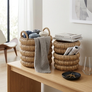 Natural Hand Woven Water Hyacinth <b>Storage</b> <b>Basket</b> Set <b>Stacked</b> Donut Ring Coiled Tier Arch Handle Planter Setup Decor Pure Art - Product Image 5