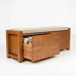 Luxurious Solid Teak Wood End Of Bed <b>Bench</b> With Upholstered <b>Cushion</b> Double Storage Drawers Modern Bedroom Furniture Best Quality - Product Image 3