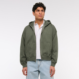 Sweat-shirt à capuche zippé pour homme, vert olive uni, 100% coton, molleton français, coupe ample décontractée, vêtements d'hiver - Product Image 1