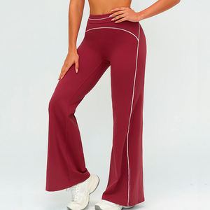 Pantalones de yoga acampanados de cintura media para mujer, de secado rápido, de fibra de bambú, con costuras en contraste y ribete de terciopelo. - Product Image 1