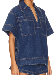 Ensemble short en jean délavé foncé avec haut à col et jupe portefeuille ensemble short 2 pièces avec logo personnalisé pour l'été survêtement pour femme 2026 - Product Image 4