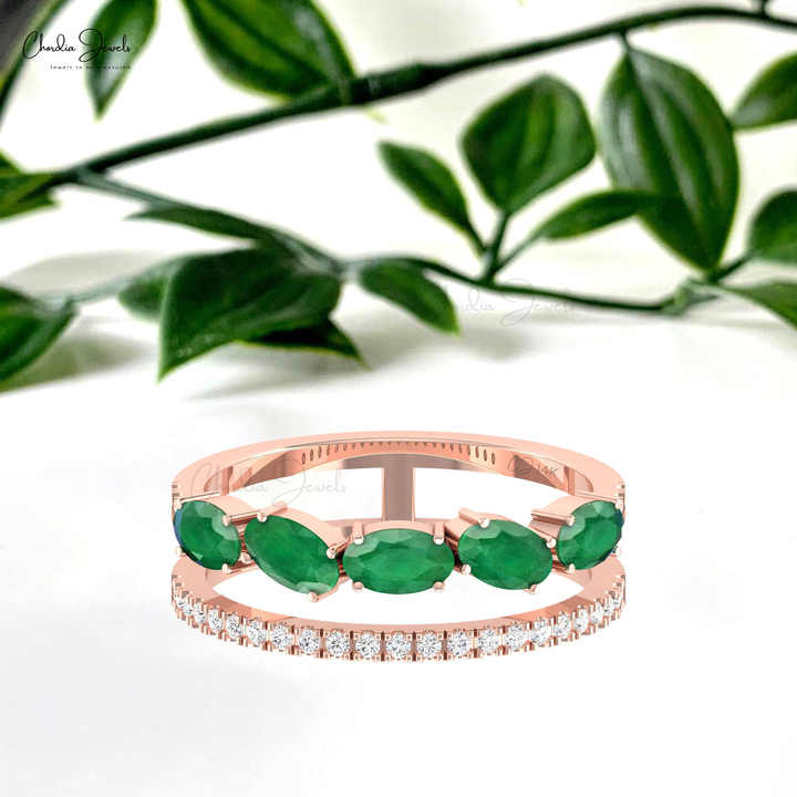Modern Design Solid 14k Gold Oval Cut Emerald & Small Diamond Parallel ...