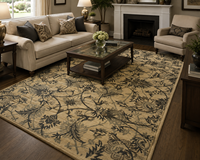 Traditional Beige Wool Floral Area Rug Classic Hand Tufted Eco-Friendly Non-Slip Medium Pile PET Friendly Carpet Living Room