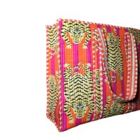 Sac fourre-tout matelassé en coton imprimé à la main motif tigre, avec fermeture éclair, grand sac à bandoulière unisexe, 100% coton, écologique