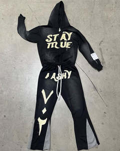 Manufacturer Boxy Fit Cotton Fleece <b>Hoodie</b> and Flared Sweats Pants Sets Custom Applique Distressed Embroidery Patches Tracksuits - Product Image 6