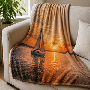 Custom Printed <b>Throw</b> Blanket Personalized Sunset Sailboat Gift Sublimation Flannel Fleece Polyester - Product Image 1