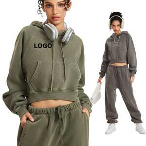 Sweat à capuche court en molleton de coton et polyester de qualité supérieure 355 g/m² |   Haut décontracté surdimensionné pour femme, personnalisable avec logo, en coton lavé - Product Image 2