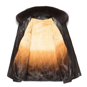 <b>Men's</b> High Street Style Solid Pattern Genuine PU Leather <b>Jacket</b> Stand-Up Mink <b>Fur</b> Collar Logo Front Middle-aged Shearling Lining - Product Image 3