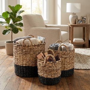Natural Banana Bark Recycled <b>Plastic</b> Storage <b>Basket</b> Set Black Dipped Bottom Arch Handle Pot Planter Organizer Setup Pure Art - Product Image 4