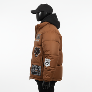 Chaqueta acolchada de poliéster de lujo, Color marrón, logotipo personalizado, Parche de chenilla bordado, ropa de abrigo de invierno, chaqueta acolchada para hombre - Product Image 5