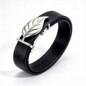 Ceinture en cuir de vachette véritable noir avec boucle feuille 3D argentée et dorée, durable et décontractée - Product Image 2