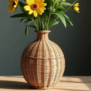 Vase à fleurs en rotin design avec fini tissé moderne pour hôtels appartements maisons de luxe et décorations intérieures élégantes - Product Image 1