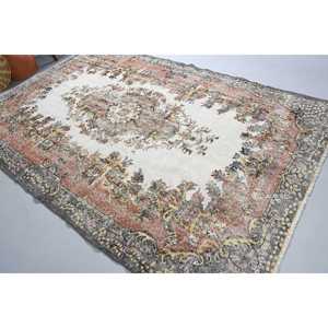 Vintage Rug, Large 6.3x9.6 ft Turkish Rug, <b>Brown</b> Floral <b>Wool</b> Rug - Product Image 1