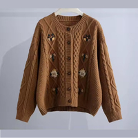 Pull en tricot brodé pour femme, décontracté, automne-hiver, manches longues, épaules tombantes, col rond, 100% coton, séchage rapide, boutonné