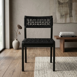 Chaise de salle à manger en bois massif noir avec rotin tressé, chaise d'appoint sans accoudoirs en toile noire anthracite pour extérieur, patio, jardin, décoration artistique - Product Image 2