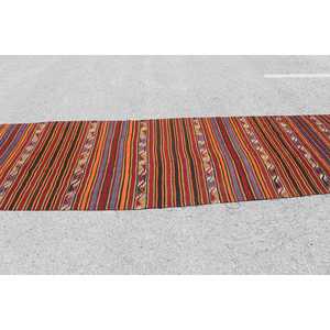 Turkish Rug, 4x13.5 ft <b>Runner</b> Rug, <b>Red</b> Blue Kilim Wool Rug - Product Image 3