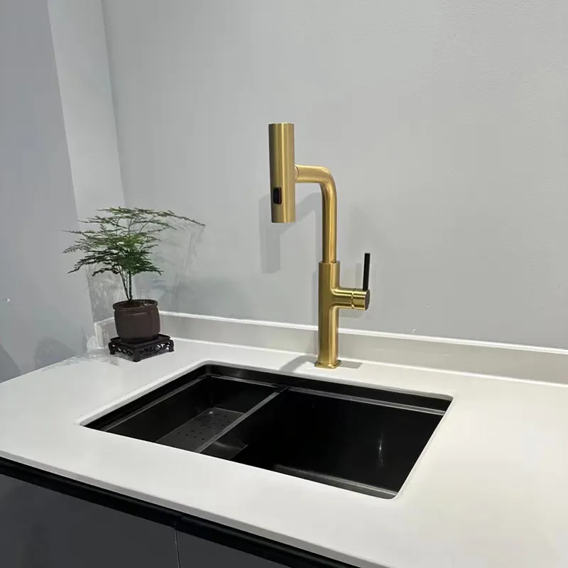 Brushed Gold Copper Waterfall Basin or Brass Kitchen sink Faucet Lift Up with Pull Down Stream Spray