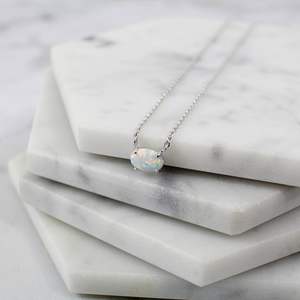 tiny <b>opal</b> stone <b>necklace</b> rhodium plated silver chain - Product Image 1