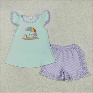 ชุดเสื้อผ้าเด็กชายหญิงลายปักชายหาด กางเกงขาสั้นลายทาง - Product Image 2