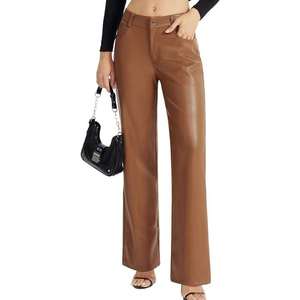 Pantalones de Pierna Ancha de Cuero Sintético Marrón para Mujer, de Cintura Alta, Corte Holgado, Largos, de Color Sólido, Casuales - Product Image 5