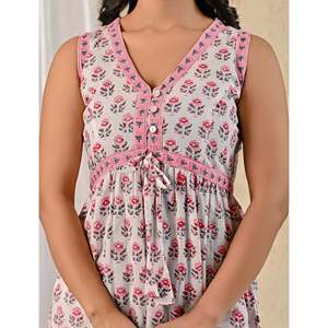 Vestido de Algodón Mulmul con Estampado Butti Blanco y Rosa, Elegante, Cintura Imperio, Transpirable, Casual, Talla Única XS, para Club, Días Festivos - Product Image 2
