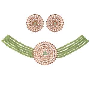 Collar de Gargantilla de jade verde natural tratado chapado en oro rosa de 18K, conjunto de pendientes y collar de gargantilla de oro de piedra verde natural para mujer - Product Image 2