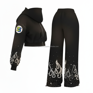 Chándal de lana gruesa con cremallera 380 GSM forro interior suave negro con diseño de llama blanca chándales con impresión de logotipo personalizado de talla grande - Product Image 3