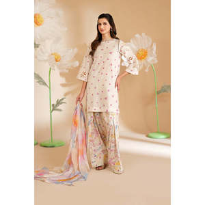 เสื้อชีฟอง IZNIK-3PC พร้อมผ้าคลุมไหล่พิมพ์ลายผ้าไหม และกางเกงพิมพ์ลายผ้าลอน พร้อมเสื้อปักลายแขนสามส่วน-BIC-052 - Product Image 1