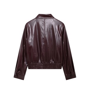 2025 Women's Cropped Faux Leather Jacket with Long Sleeves Autumn Casual for Camel Coat Featuring Cotton Fill Ladies Outerwear - Product Image 6