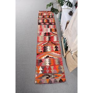 Turkish 2.1x9.8 ft Rug, <b>Runner</b> Vintage Rug, <b>Red</b> Orange Check Rug - Product Image 1