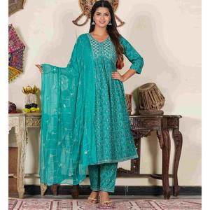 Aliya Green Floral Printed Bordado Cut Kurta Set con pantalón y Dupatta para mujer - Product Image 4