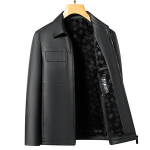 เสื้อโค้ทผู้ชายหนัง PU สีน้ำตาลดำคอปกตั้งลำลอง - Product Image 4