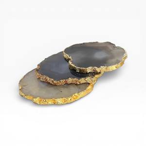 Natural Grey <b>Agate</b> Stone <b>Coaster</b> Set with Hand Polished Surface and Gold Edge Finish for Elegant Table Decor - Product Image 1