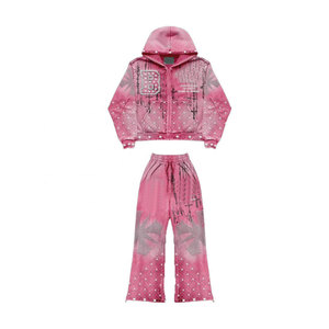 ชุดสองชิ้นวินเทจของผู้ชายชุดเสื้อมีฮู้ดและกางเกงวอร์มพิมพ์ลายหน้าจอพลอยเทียมเต็มรูปแบบสำหรับวิ่งจ็อกเกอร์แอซิดชุดเหงื่อบาน - Product Image 1