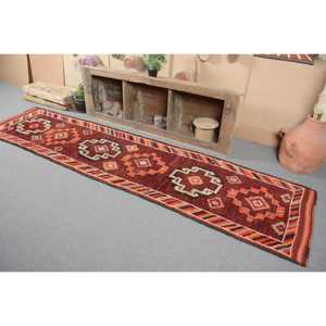 Turkish Vintage Rug, 2.7x11.4 ft Herki Rug, <b>Red</b> Orange Camouflage <b>Wool</b> Rug - Product Image 3