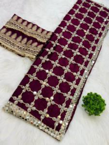 Sari de seda Fandy de diseño para fiestas con bordado de espejos auténticos y ribete de encaje, con pieza de blusa de seda Fandy sin coser. - Product Image 4