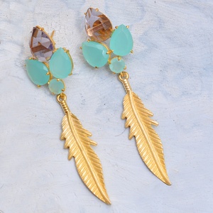 Handmade 925 Sterling Sier Women's <b>Earrings</b> Antique Aqua Chalcedony Leaf Dangle with Gold Plating and Pearl Gemstone - Product Image 2