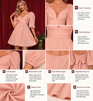 Robe mini rose poudré à manches bouffantes pour femme, col en V profond, taille large, vente en gros, OEM, ODM, marque privée