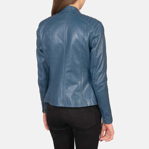 Autumn Stand-Up Collar Blue Leather <b>Biker</b> <b>Jacket</b> - Product Image 5