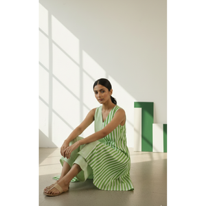 Conjunto de Kurta Casual a Rayas de Tela Oxford Gingham Transpirable sin Mangas con Cuello en V y Diseño sin Cuello para Primavera/Verano - Product Image 2